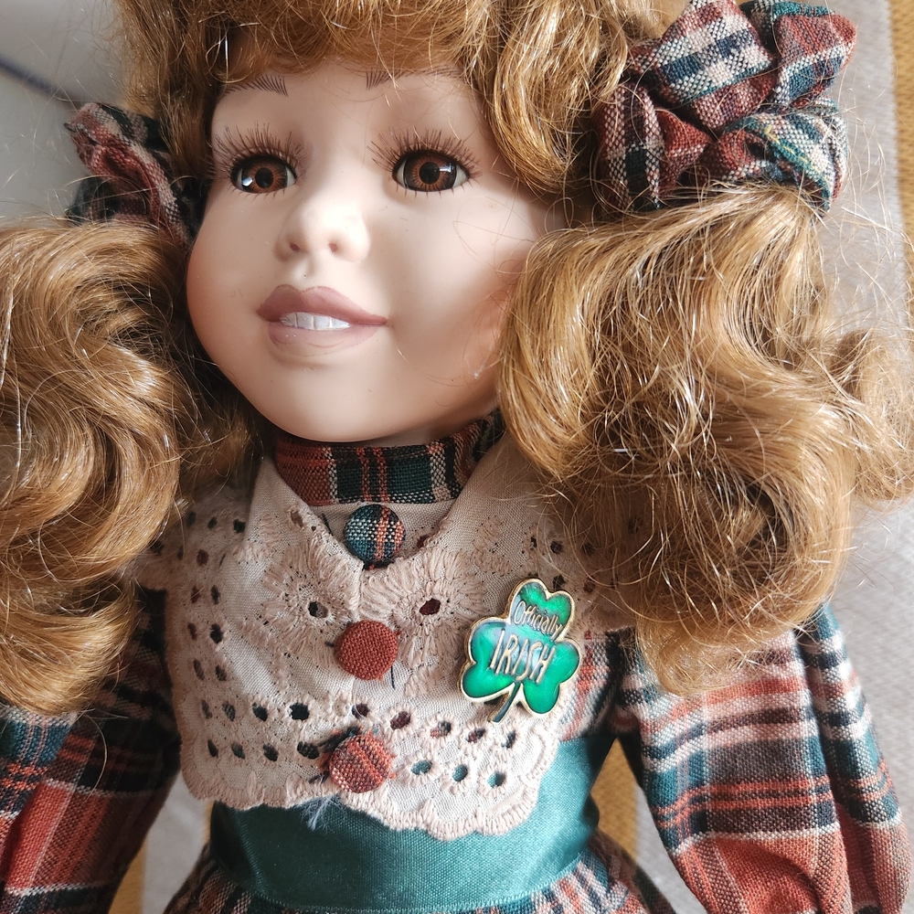 Vintage Porcelain Doll in Green Plaid Dress